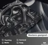Close-up of two fabric sleeves with a skull design on one and abstract lines on the other, with promotional text and checkmarks below. Voir les images du produit