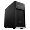 A black computer tower case is shown from a three-quarter angle against a white background. Produktbild-Vorschau