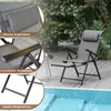 A collage of images showing a grey reclining garden chair with a footrest and headrest, set against a backdrop of greenery and a swimming pool. Produktbild-Vorschau