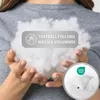 A person holding a handful of fluffy white filling, with marketing text and a product detail inset. Produktbild-Vorschau