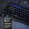 A close-up view of a black gaming keyboard with illuminated keys, showcasing its RGB lighting features and marketing text. Produktbild-Vorschau