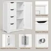 A collage of images showcasing a white bathroom cabinet with drawers and a door, along with close-ups of its features. Produktbild-Vorschau