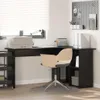 A home office setup with a black corner desk, a chair, and office supplies. Anteprima dell’immagine prodotto