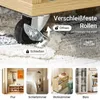 Close-up of a rolling caster on a rug, with marketing text and smaller lifestyle images of the product in different rooms. Podgląd zdjęcia produktu