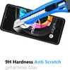 A screen protector being applied to a smartphone with a cutter, with text describing its features. Produktbild-Vorschau