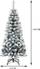 A flocked artificial Christmas tree with a metal stand, shown against a white background with size indicators. Produktbild-Vorschau