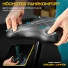 A close-up view of a bicycle seat with hands adjusting it, featuring text overlays and dimensions. Produktbild-Vorschau