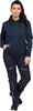 A woman is standing and posing for a product image, wearing a navy blue hoodie and navy blue work pants. Produktbild-Vorschau