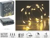 A collage showing a box of silver LED wire lights, a stack of battery packs, and a close-up of the illuminated wire lights, along with feature icons. Produktbild-Vorschau