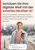 A man holding a smartphone in a city setting, with a McAfee security alert overlay. Produktbild-Vorschau