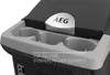 A close-up view of the top of a black and gray cooler box, showing cup holders and the AEG logo. Podgląd zdjęcia produktu
