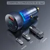 A car charger with a digital display and blue LED lighting, shown with miniature car models (sedan, SUV, truck). Náhľad obrázku produktu