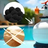 A pool filter with filter balls and sand shown as options, with an arrow indicating the filter balls are the preferred option. Produktbild-Vorschau
