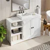 A white bathroom vanity with a vessel sink and black faucet, featuring open shelving and cabinet doors. Produktbild-Vorschau