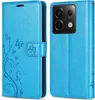 A blue flip cover wallet case for a Xiaomi Redmi Note 13 Pro 5G phone is shown from two angles. Produktbild-Vorschau