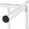 A close-up view of a white metal bed frame, focusing on a horizontal bar with a black cap at the end. Podgląd zdjęcia produktu
