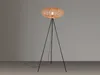 A floor lamp with a woven shade and a tripod base against a plain gray background. Produktbild-Vorschau