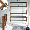 A wooden folding drying rack is shown in its open and folded states, with dimensions and feature icons displayed. Anteprima dell’immagine prodotto