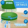 A green rolling stool with text overlays highlighting its features. Produktbild-Vorschau
