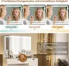 A collage showing a woman applying makeup in front of a lighted mirror and a vanity table with various makeup products. Produktbild-Vorschau