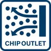 A graphic illustrating the concept of chip outlet, showing particles being directed towards a vertical barrier by arrows. Podgląd zdjęcia produktu
