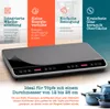 A close-up of a double induction cooktop with descriptive text and icons highlighting its features, along with a few pots and pans in the foreground. Produktbild-Vorschau