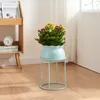 A light blue plant stand with a potted plant on it, placed on a wooden floor next to a wooden bookshelf. Produktbild-Vorschau