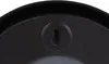 A close-up view of the back of a black circular object, showing a keyhole-shaped hook for hanging. Produktbild-Vorschau