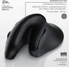 A black ergonomic vertical mouse is shown from a side angle with descriptive text and icons highlighting its features. Produktbild-Vorschau