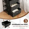 A corner of a room showing a black fabric drawer dresser with clothes inside, and a close-up of a fabric drawer with arrows pointing to its sides. Náhled obrázku produktu