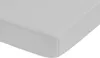 A close-up, angled view of a light gray fitted sheet, showing the texture and the elasticized edge. Produktbild-Vorschau