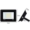 A product shot of an LED floodlight with dimensions shown, and a separate side view with dimensions. Produktbild-Vorschau