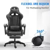 A black gaming chair is shown with text overlays highlighting its features, and a close-up of a caster wheel with a rotation graphic. Produktbild-Vorschau