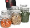 A set of glass jars with metal clasps and lids, some filled with food items, and a product information card. Produktbild-Vorschau