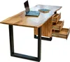 A wooden desk with a live edge and black metal legs, featuring three open drawers and a laptop on top. Produktbild-Vorschau