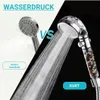 A split image comparing two shower heads, one on a white background and the other on a black background, demonstrating water pressure. Produktbild-Vorschau