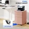 A pink filing cabinet with a printer on top, next to a white desk with a computer monitor. The image highlights the cabinet's wheels and stability features. Anteprima dell’immagine prodotto