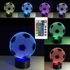 A collage of images showing a 3D LED lamp shaped like a soccer ball, with various color options and a remote control. Náhľad obrázku produktu