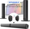 A collage of images showing a soundbar and two detachable speakers, with text overlays highlighting features. Produktbild-Vorschau