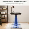 A desk is shown in a room with a shelf behind it. The desk is shown at an angle and its legs are highlighted with a blue gradient to represent load capacity. There is text at the top of the image and at the bottom indicating the weight capacity of the desk Náhled obrázku produktu
