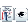 Two icons showing features of a drying rack. The left icon shows a drying rack with pants hanging on it and an arrow indicating height. The right icon shows a shirt laid flat on a surface. Produktbild-Vorschau