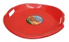 A red plastic saucer sled with handles and a colorful logo. Produktbild-Vorschau