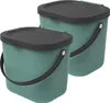 Two teal colored trash bins with black lids and handles are shown side-by-side against a white background. Produktbild-Vorschau
