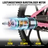 A close-up illustration of an electric bicycle motor with technical specifications displayed below. Produktbild-Vorschau