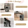 A collage of images showing a cat house/stool in different uses and angles, with text overlays describing its features. Náhľad obrázku produktu
