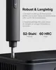 Close-up of a black electric screwdriver with a bit inserted into a black surface, with marketing text describing its features. Náhled obrázku produktu