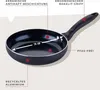 A black frying pan with labels pointing out its features. Produktbild-Vorschau
