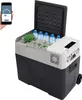 A hand holding a smartphone displaying a control interface, positioned next to an open portable car refrigerator filled with drinks. Voir les images du produit