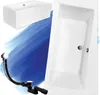 A collage of a white bathtub and its drain assembly, with a blue watercolor-like background. Produktbild-Vorschau