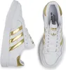A pair of white Adidas sneakers with gold stripes and accents, shown from a top-down and side view. Produktbild-Vorschau